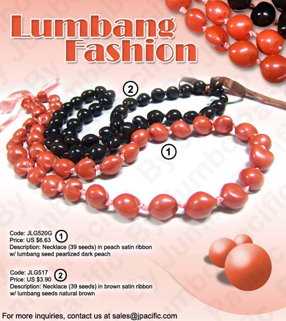 Lumbang Necklace in peach satin ribbon with lumbang seed pearlized dark peach and natural brown